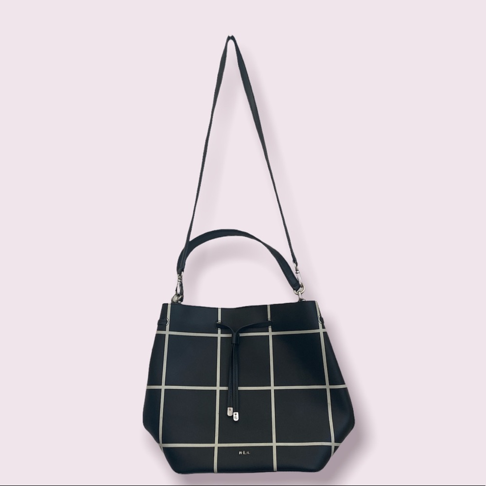LAUREN RALPH LAUREN Black and White Windowpane Drawstring Bag